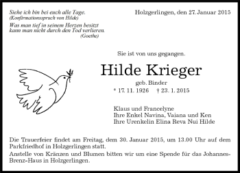 Traueranzeige von Hilde Krieger von Kreiszeitung Böblinger Bote