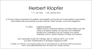 Traueranzeige von Herbert Klopfer von Kreiszeitung Böblinger Bote