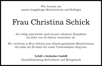 Traueranzeige von Christina Schick von Kreiszeitung Böblinger Bote