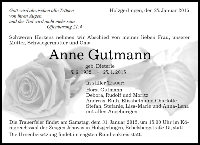  Traueranzeige für Anne Gutmann vom 29.01.2015 aus Kreiszeitung Böblinger Bote