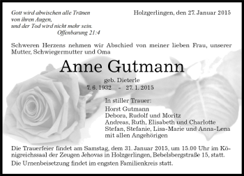 Traueranzeige von Anne Gutmann von Kreiszeitung Böblinger Bote
