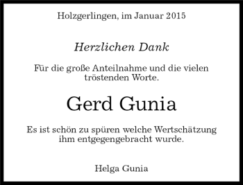Traueranzeige von Gerd Gunia von Kreiszeitung Böblinger Bote