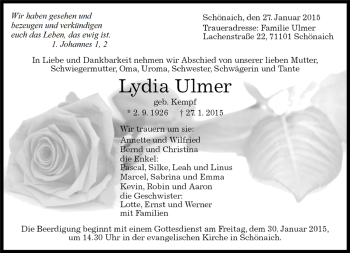 Traueranzeige von Lydia Ulmer von Kreiszeitung Böblinger Bote