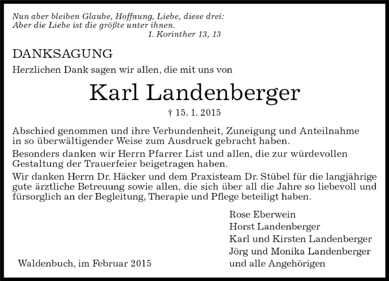  Traueranzeige für Karl Landenberger vom 05.02.2015 aus Kreiszeitung Böblinger Bote