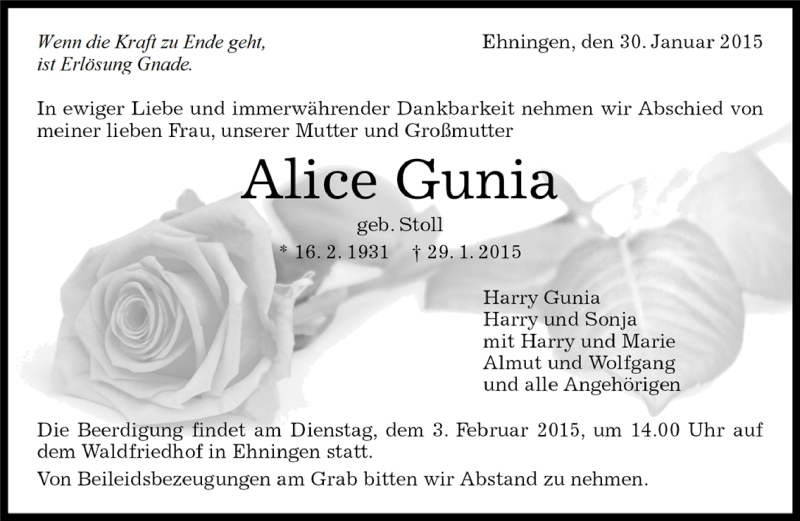  Traueranzeige für Alice Gunia vom 30.01.2015 aus Kreiszeitung Böblinger Bote