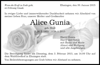 Traueranzeige von Alice Gunia von Kreiszeitung Böblinger Bote