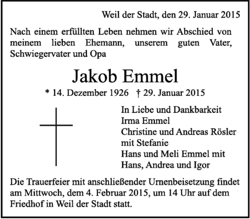  Traueranzeige für Jakob Emmel vom 30.01.2015 aus Kreiszeitung Böblinger Bote