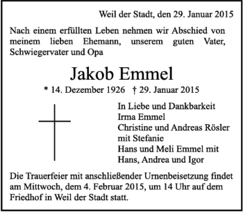 Traueranzeige von Jakob Emmel von Kreiszeitung Böblinger Bote