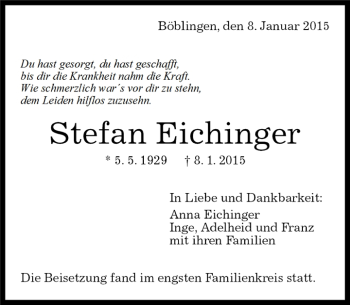 Traueranzeige von Stefan Eichinger von Kreiszeitung Böblinger Bote