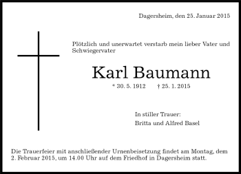 Traueranzeige von Karl Baumann von Kreiszeitung Böblinger Bote