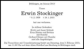 Traueranzeige von Erwin Stockfinger von Kreiszeitung Böblinger Bote