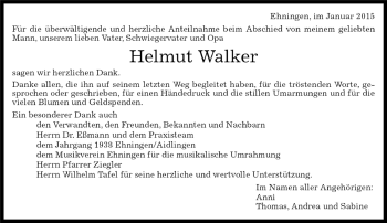 Traueranzeige von Helmut Walker von Kreiszeitung Böblinger Bote