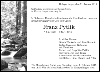 Traueranzeige von Franz Pytlik von Kreiszeitung Böblinger Bote