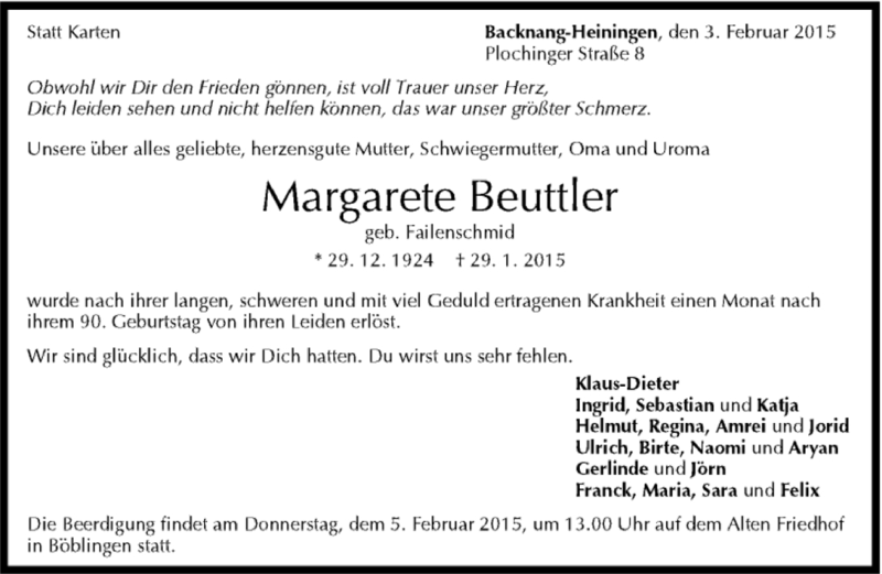  Traueranzeige für Margarete Beuttler vom 02.02.2015 aus Kreiszeitung Böblinger Bote