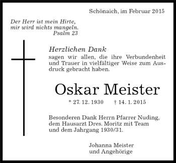 Traueranzeige von Oskar Meister von Kreiszeitung Böblinger Bote