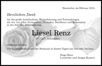 Traueranzeige von Liesel Renz von Kreiszeitung Böblinger Bote