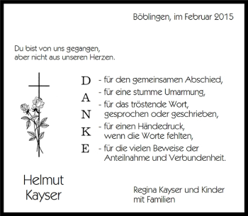 Traueranzeige von Helmut Kayser von Kreiszeitung Böblinger Bote