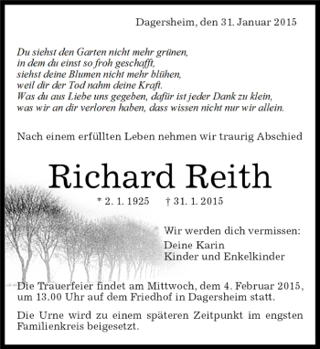 Traueranzeige von Richard Reith von Kreiszeitung Böblinger Bote