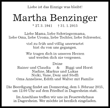 Traueranzeige von Matha Benzinger von Kreiszeitung Böblinger Bote