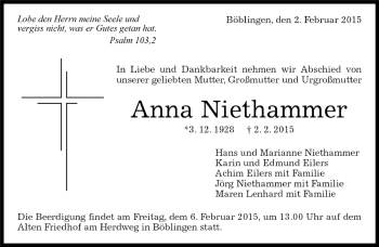 Traueranzeige von Anna Niethammer von Kreiszeitung Böblinger Bote