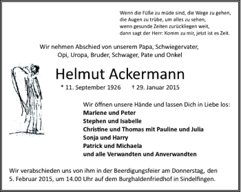Traueranzeige von Helmut Ackermann von Kreiszeitung Böblinger Bote