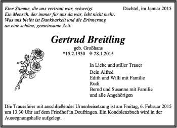Traueranzeige von Gertrud Breitling von Kreiszeitung Böblinger Bote
