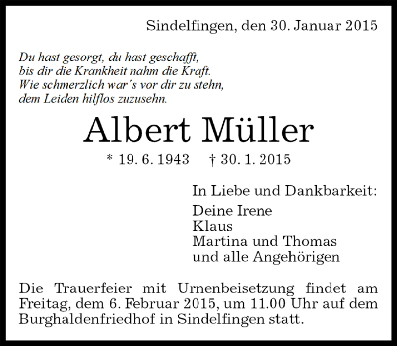  Traueranzeige für Albert Müller vom 04.02.2015 aus Kreiszeitung Böblinger Bote