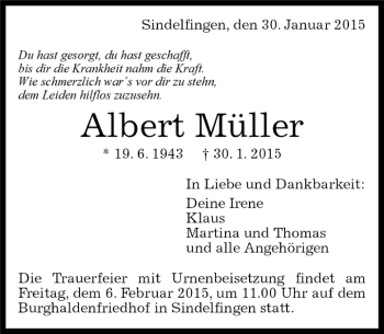 Traueranzeige von Albert Müller von Kreiszeitung Böblinger Bote