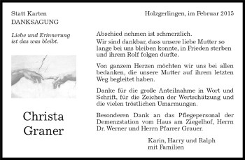 Traueranzeige von Christa Graner von Kreiszeitung Böblinger Bote