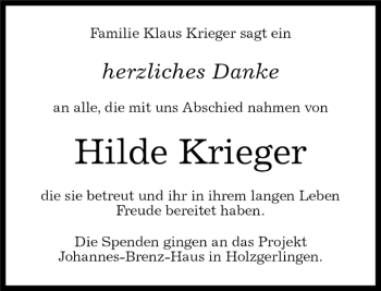 Traueranzeige von Hilde Krieger von Kreiszeitung Böblinger Bote