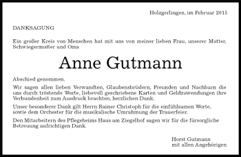 Traueranzeige von Anne Gutmann von Kreiszeitung Böblinger Bote