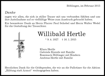 Traueranzeige von Willibald Hertle von Kreiszeitung Böblinger Bote