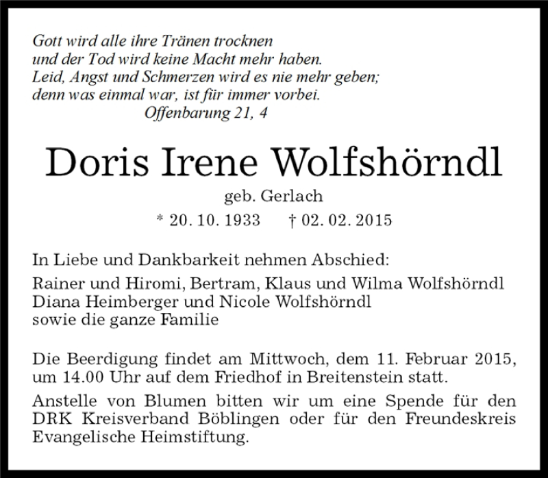  Traueranzeige für Doris Irene Wolfshörndl vom 05.02.2015 aus Kreiszeitung Böblinger Bote