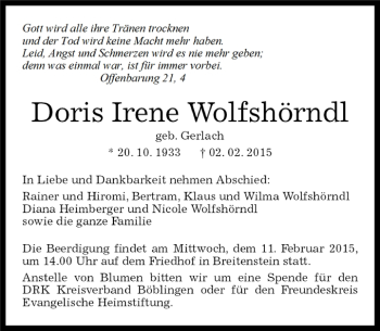 Traueranzeige von Doris Irene Wolfshörndl von Kreiszeitung Böblinger Bote