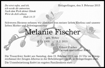 Traueranzeige von Melanie Fischer von Kreiszeitung Böblinger Bote