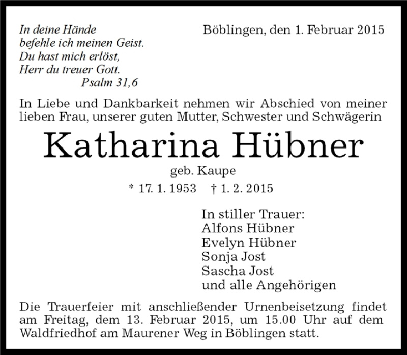  Traueranzeige für Katharina Hübner vom 07.02.2015 aus Kreiszeitung Böblinger Bote
