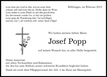 Traueranzeige von Josef Popp von Kreiszeitung Böblinger Bote