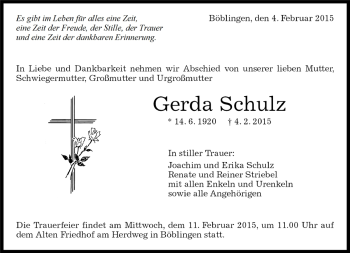 Traueranzeige von Gerda Schulz von Kreiszeitung Böblinger Bote