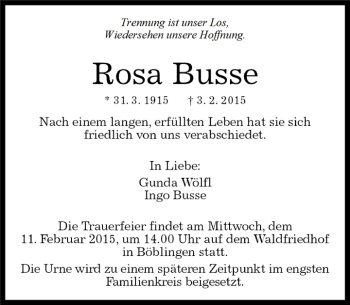 Traueranzeige von Rosa Busse von Kreiszeitung Böblinger Bote