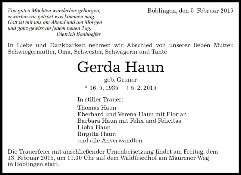  Traueranzeige für Gerda Haun vom 07.02.2015 aus Kreiszeitung Böblinger Bote