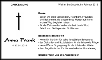 Traueranzeige von Anna Frank von Kreiszeitung Böblinger Bote