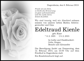 Traueranzeige von Edeltraud Kienle von Kreiszeitung Böblinger Bote