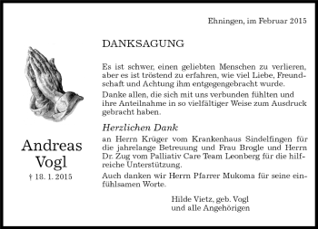 Traueranzeige von Andreas Vogl von Kreiszeitung Böblinger Bote