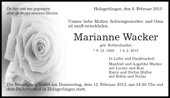 Traueranzeige von Marianne Wacker von Kreiszeitung Böblinger Bote