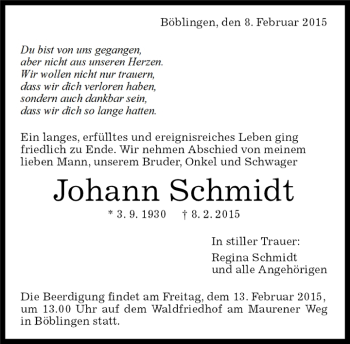Traueranzeige von Johann Schmidt von Kreiszeitung Böblinger Bote