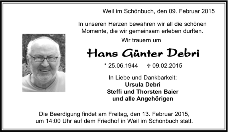  Traueranzeige für Hans Günter Debri vom 11.02.2015 aus Kreiszeitung Böblinger Bote