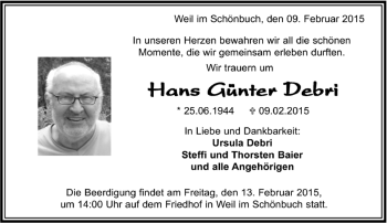 Traueranzeige von Hans Günter Debri von Kreiszeitung Böblinger Bote