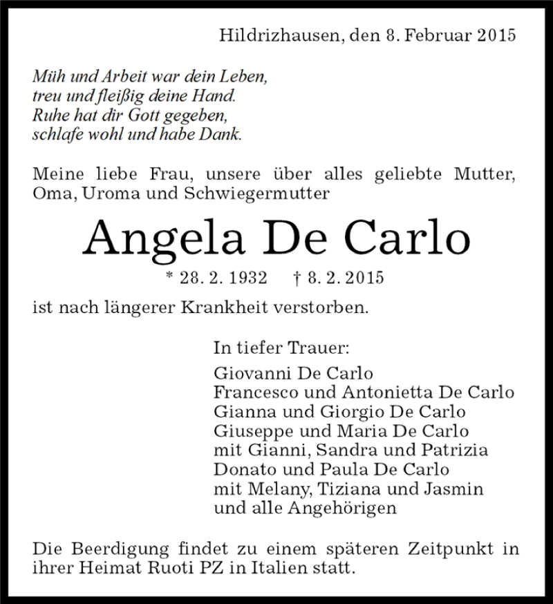  Traueranzeige für Angela De Carlo vom 13.02.2015 aus Kreiszeitung Böblinger Bote