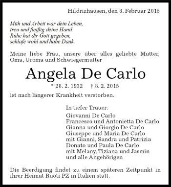 Traueranzeige von Angela De Carlo von Kreiszeitung Böblinger Bote