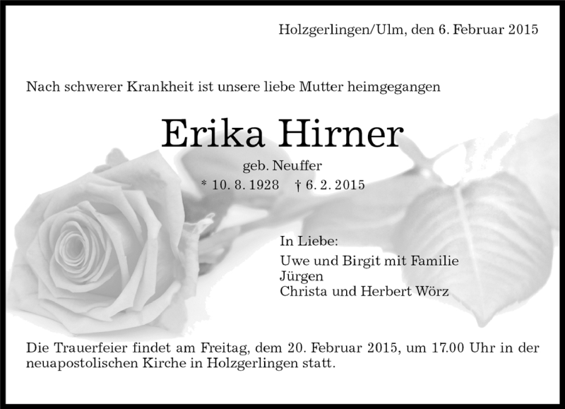  Traueranzeige für Erika Hirner vom 13.02.2015 aus Kreiszeitung Böblinger Bote